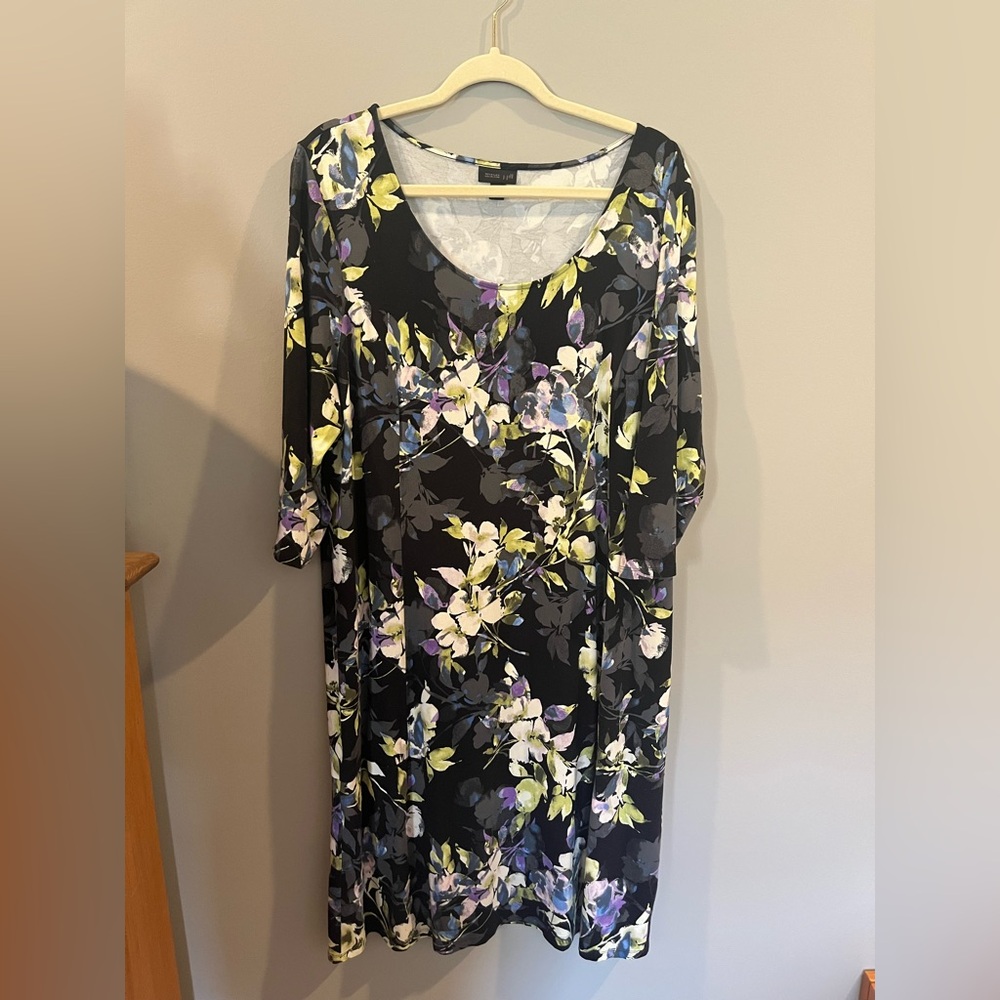 J. Jill Black Floral Print Dress with Yellow and Lavender Accents